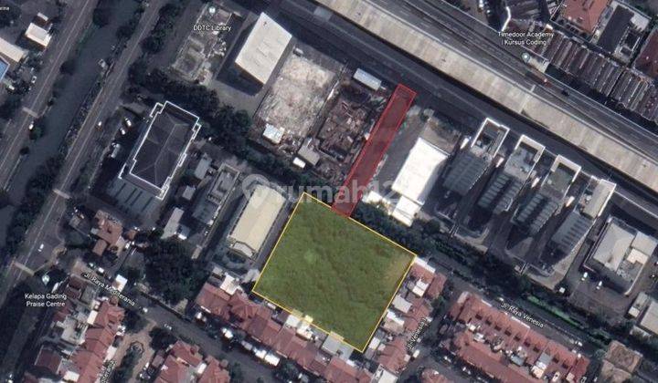 JUAL TANAH KELAPA GADING 
Kelapa Gading, Jakarta Utara 
• Luas Tanah : 4.629m2 (4.000 m2 Kuning & 629 m2 Merah) 
• Peruntukan : Hotel/Komersial, Gedung Perkantoran, Sekolah, Gereja, Rumah Sakit & Campuran  1