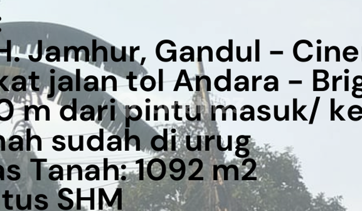 Tanah 1092 M2 Cinere, Depok. 5 Juta/Meter