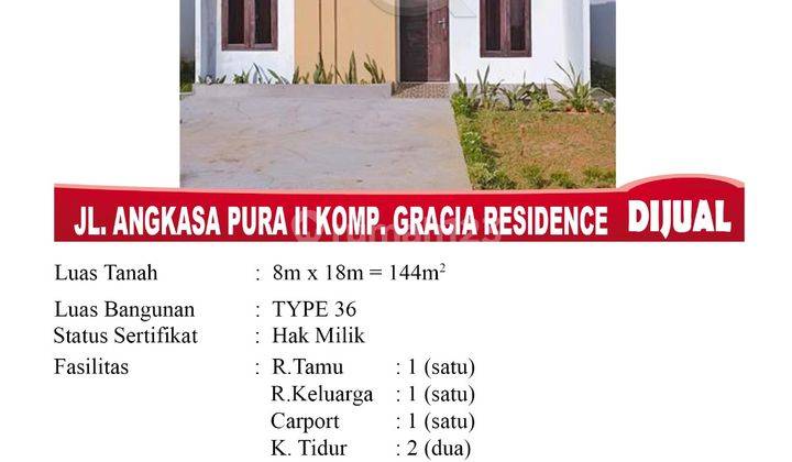 Di Jual Rumah Type 36, Lokasi Jl. Angkasa Pura Ii Komp. Gracia Residence, Pontianak Indonesia 1