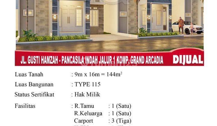 Di Jual Rumah, Lokasi Jl. Gusti Hamzah . Pancasila Indah Jalur 1 Komp. Grand Arcadia Type 115 Pontianak, Indonesia 2