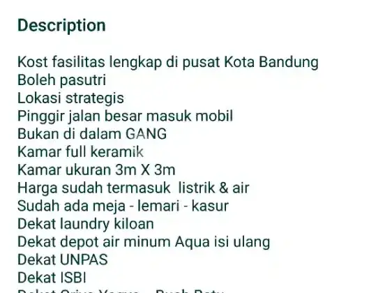 Kost  Jl. Kayu Agung -Kliningan Buah Batu pusat kota Bandung 1