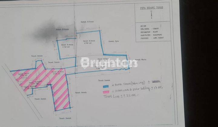 Dijual Tanah di Karawang Harga Per meter Yg sdh urug dan pagar Rp 2 jt/Meter  Yg sawah Rp 1 jt /Meter Total 52 M Nego 2