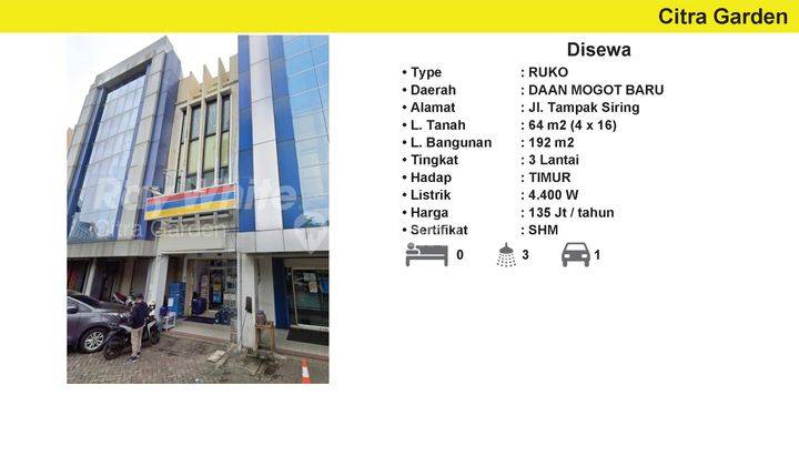 Disewakan Ruko 192 m2 Daan Mogot Baru, Jak Bar 0004-PAU 1