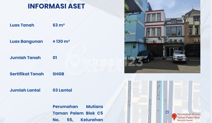 Dijual Ruko di Perumahan Mutiara Taman Palem Blok C5 No. 55