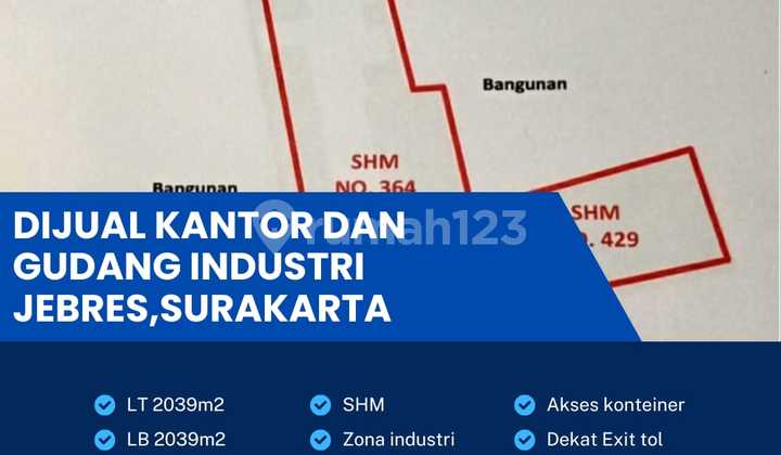 Dijual gudang plus kantor lokasi Jebres Surakarta luas 2039m 