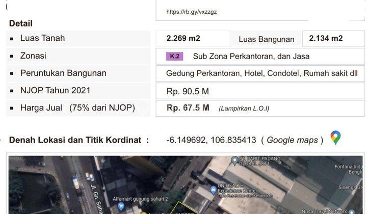 JUAL TANAH / LAHAN DI BAWAH NJOP..!! ZONA KOMERSIAL Gunung Sahari, Jakarta Pusat 2