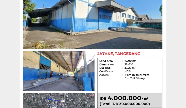 Gudang 7500m Kawasan Industri Jatake 15mnt Dari Pintu Tol Bitung