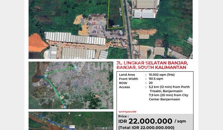 Commercial plot 1ha with 160m frontage on the main ring road of South Banjarmasin, South Kalimantan, suitable for Warehousing & Shop Houses.