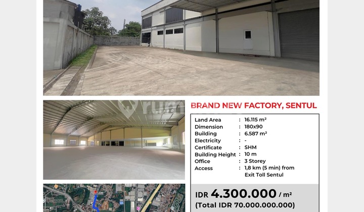 Warehouse 1.6ha Brand New 6 months to Sentul Toll, land price 4.3 million per meter.