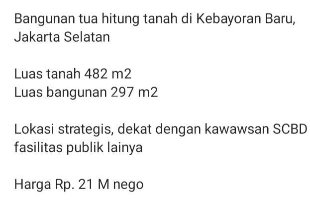 Rumah 1 2 Jadi Dkt Scbd. Ekspat Murah 482m 21m 43,5jt m  2