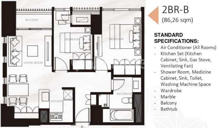 Apartment 2 BR LT 35 The Branz BSD Cantik, City View CIamik, Disewakan Kamar Sewa Marigold Bathtube 2