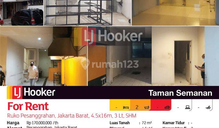 Disewakan Ruko Pesanggrahan, Jakarta Barat, 4.5x16m, 3 Lt, SHM 2