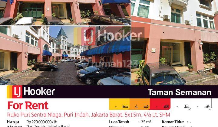 Disewakan Ruko Puri Sentra Niaga, Puri Indah, 5x15m, 4 Lt, SHM 2