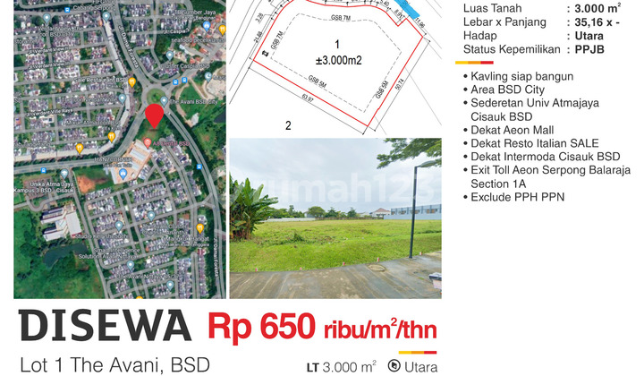 Disewa Kavling Komersial Bsd City Avani,jl Raya Boulevard Cisauk 