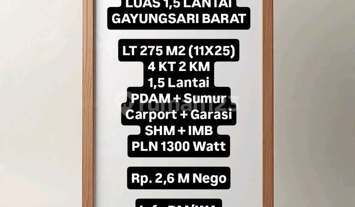 Dijual Rumah Murah Luas 1,5 Lantai Gayungsari Barat 1