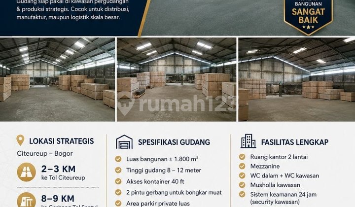 For Rent Industrial Warehouse 1800M2 Industrial PBG 40Ft Container Access