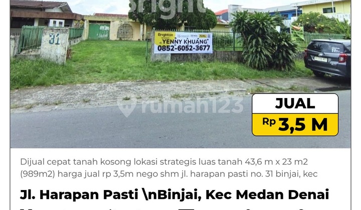 Dijual Cepat Tanah Kosong Lokasi Strategis Luas Tanah 989m2