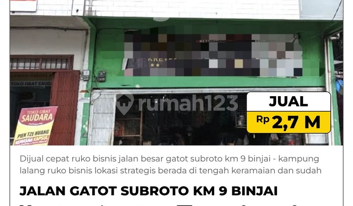 Dijual Cepat Ruko Bisnis Jalan Besar Gatot Subroto