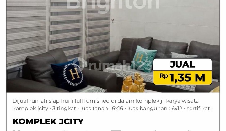 Turun Harga Dijual Cepat Kondisi Siap Huni Full Furnished 3 Lantai Komplek Jcity