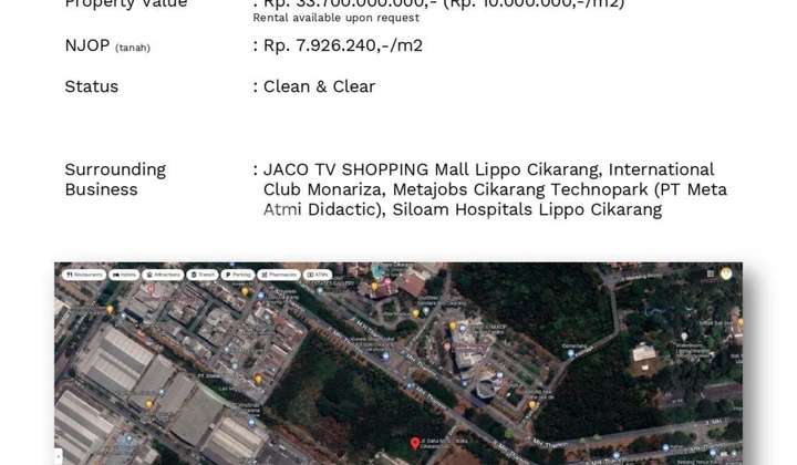 For Sale Tanah Komersial 3.370 m² Lippo Cikarang Lokasi Premium SHGB