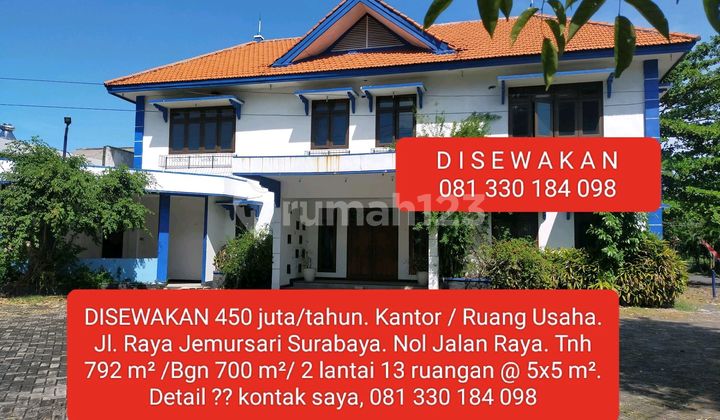 Disewakan 450 Juta / Tahun; Raya Jemursari Surabaya; (nol Jalan Raya); Tnh 792 M²; Bgn 700 M²; 10 Ruangan Disewakan 450 Juta / Tahun; Raya Jemursari Surabaya; (nol Jalan Raya); Tnh 792 M²; Bgn 700 M²; 10 Ruangan