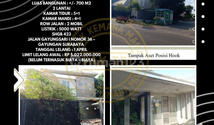 Hook!! For Sale Via Auction - Gayungan Rungkut Surabaya House (2 Floors) - Area 423 M2