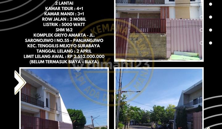 For Sale Via Auction: House in Panjangjiwo - Tenggilis Mejoyo Surabaya (2 Floors) - Area 300 M2