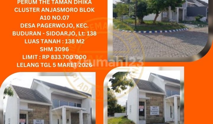 Jual Rumah (Hook) Lelang Bank di Buduran Sidoarjo (Taman Dhika Cluster Anjasmoro) : Lelang Kpknl