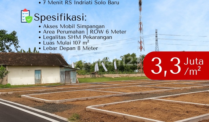 Solo Baru, Surakarta dijual Tanah sertifikat SHM luas 130 m2