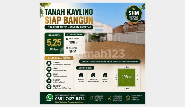 Freehold land ready to build in Cibeureum, Cimahi, 108 m², near Pasir Koja Toll Road. Freehold land ready to build in Cibeureum, Cimahi, 108 m², near Pasir Koja Toll Road.