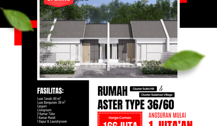 Hunian Modern 36/60 Grati, Tanpa DP Cicilan 1Jt-an/Bulan