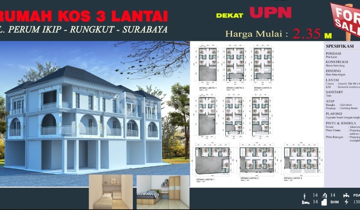 3-Story Boarding House in Ikip Rungkut Housing Near UPN Surabaya 1