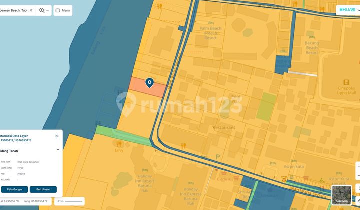 Tanah Beachfront Pantai Jerman Kuta Jalan Lebar Menghadap Laut View Sunset Izin Residential & Komersil