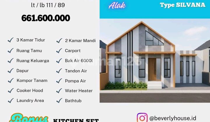 "Beverly House Type Silvana di Alak - 3 Kamar Tidur dengan Fasilitas Lengkap, Bonus Kitchen Set Hanya Rp 661.600.000!" 1