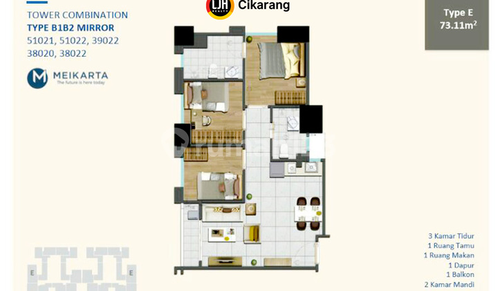 Apartemen Meikarta 3 Br Luas 73,11 M2 di Tower Twinford Lippo 2