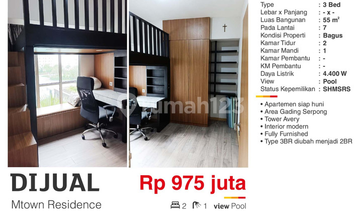 Dijual Apartemen 2 Br(Bedroom) Mtown-Residence Tower Avery Lantai 7