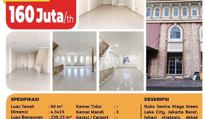 For Rent: Green Lake City Shop House, West Jakarta, 4.5×15 m², 3½ floors, HGB (Right to Build). 2