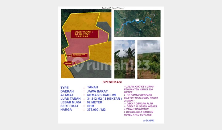 Jual Tanah 3 Hektar di Ciemas Sukabumi Jawa Barat