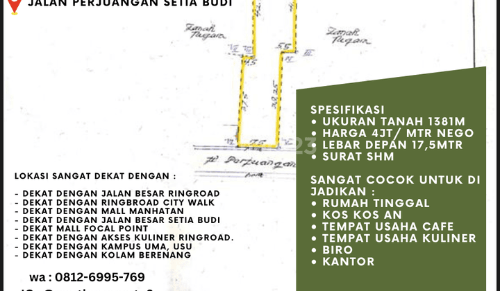 Dijual Lahan di Jalan Perjuanangan Setiabudi Seluas 1381m, Shm