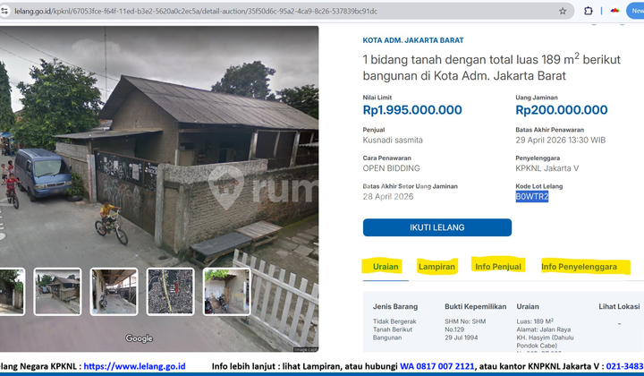 Termurah Dibawah Harga Pasar/Appraisal, Hanya 10 Jutaan/M2 di Segi Tiga Emas Cbd Jakarta Barat & Strategis < 1 KM Dari Puri Indah/Permata Buana