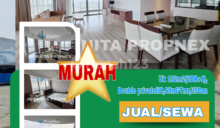 CHEAP! For sale/rent, the newest and best ST MORITZ Apartment, New Presidential Tower. Size 192m² (3BR+1) on the 50th floor. Best and coolest view: South-facing (Pondok Indah & Kebon Jeruk Toll Road) and East-facing (Sudirman & Thamrin).