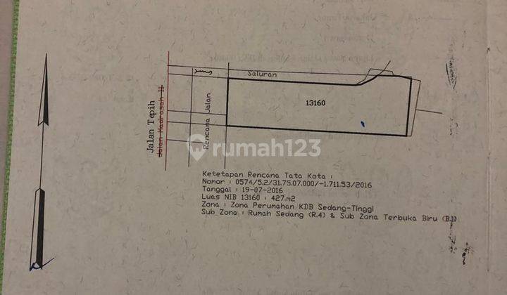 Tanah kavling 425m² sertipikat di Lingkar PTb Jalan Tepih 1