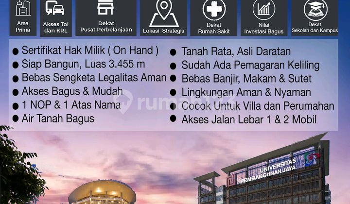Tanah Strategis Cocok Investasi Siap Bangun Dekat Mall Bintaro Exchange dan Universitas Pembangunan Jaya Stasiun Sudimara Toll Pondok Ranji Lt 3.455M²