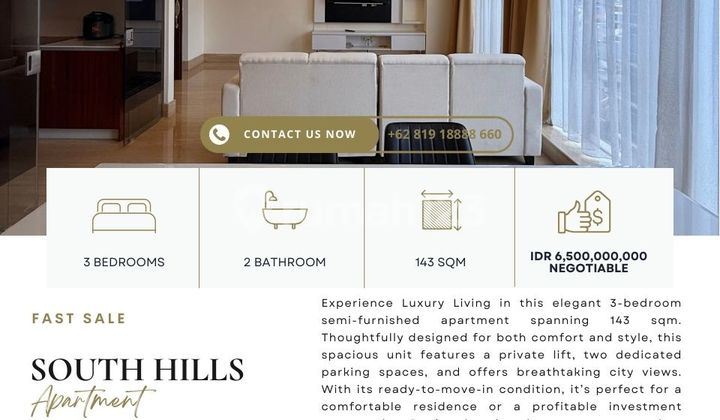 South Hills Kuningan, 3Br 143Sqm, Lowest Price, Ready To Move In, Maid's Room/Storage Available