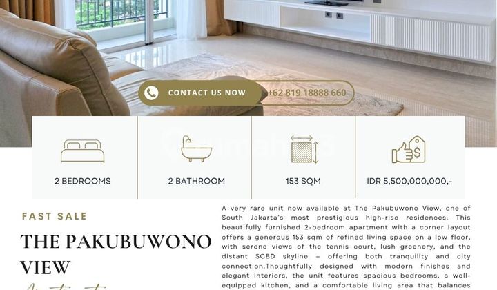 Pakubuwono View, 2BR CORNER, 153sqm, RARE UNIT, facing TENNIS, JUST RENOVATED