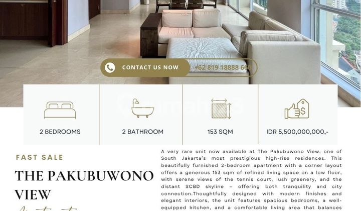 Pakubuwono View, 2BR 153sqm, CORNER HIGH FLOOR, Facing Tennis/Residence! RARE UNIT