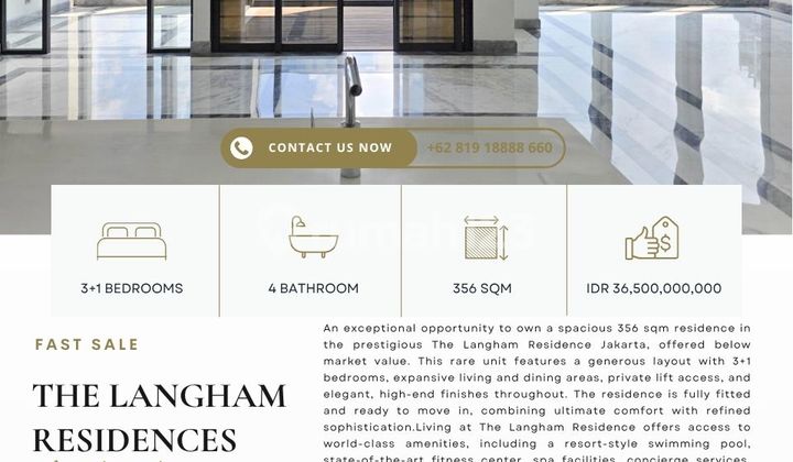 Langham Residence, 3+1BR 356sqm, Harga termurah dan TIPE LANGKA.