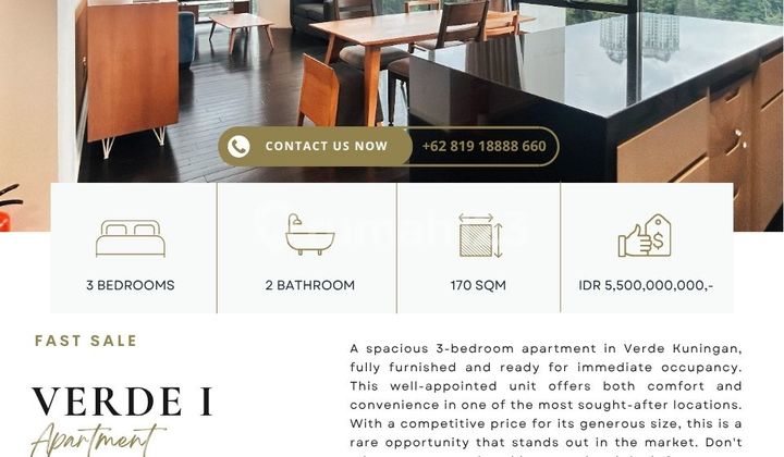 Verde One Apartment, Kuningan, 3Br 170Sqm, Harga Termurah, Ready To Move In
