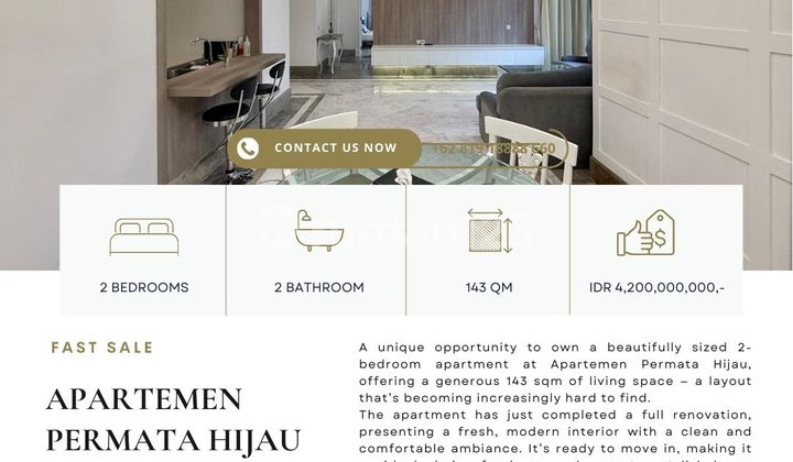 Permata Hijau Apartment, White Building, 2Br 143Sqm, Newly Renovated, Lowest Price, Move-in Ready!