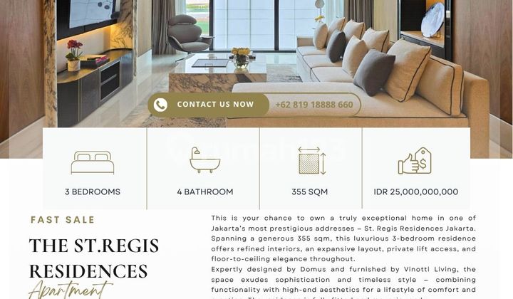 St.Regis Apartment, 3BR 355sqm, TERMURAH, Fully furnished & 2 years Rental guarantee & free service charge!